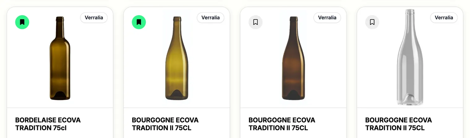 Vignettes du catalogue : les deux premières portent le marque-page vert des bouteilles ajoutées à Mes bouteilles