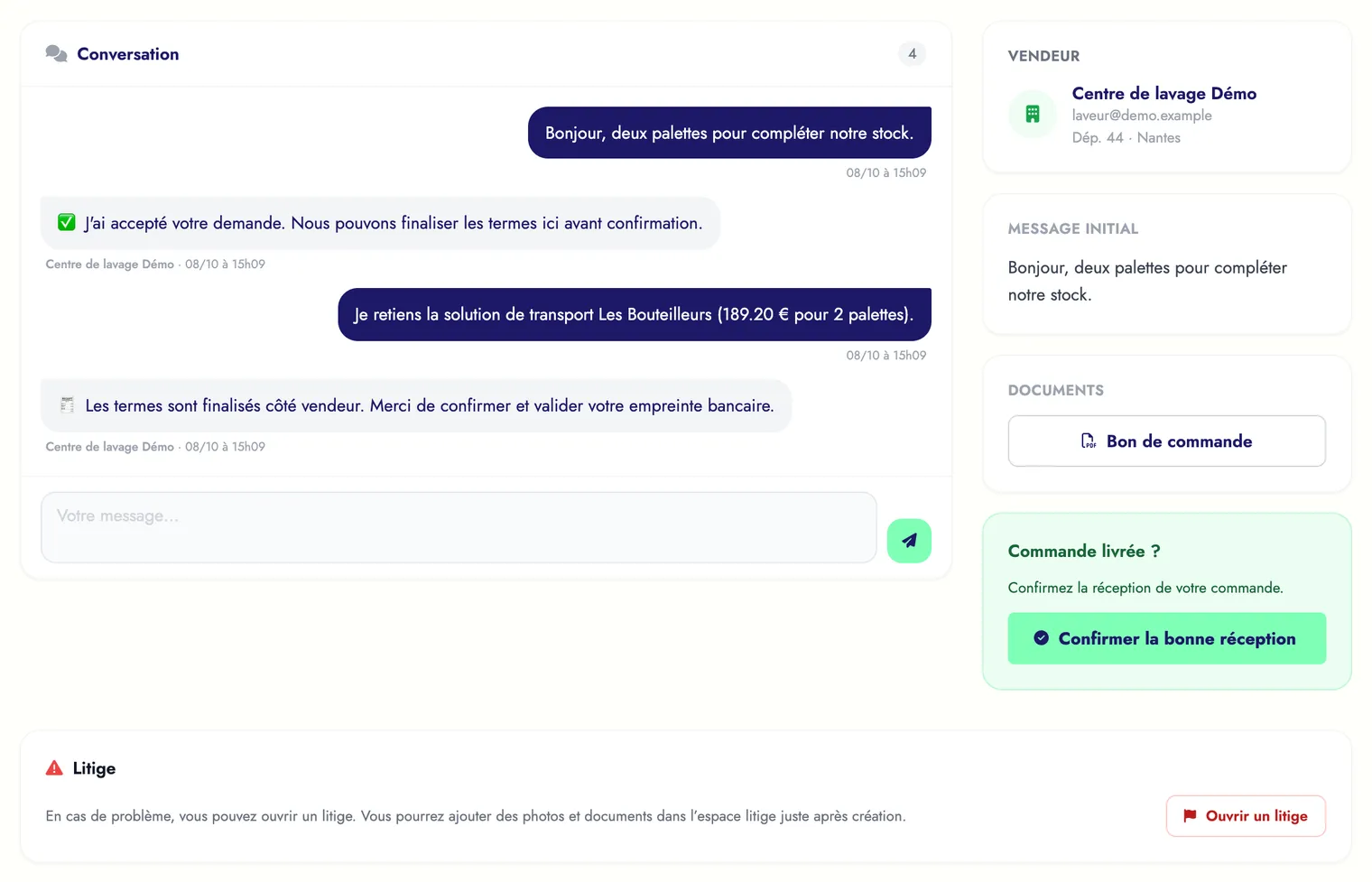 Commande en cours de livraison : bouton Confirmer la bonne réception et bouton Ouvrir un litige