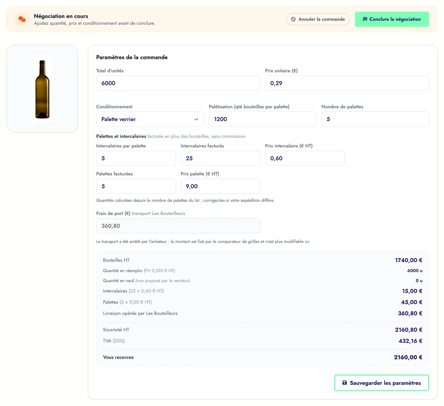 Commande côté vendeur en négociation : quantité, prix, conditionnement, palettes et intercalaires modifiables